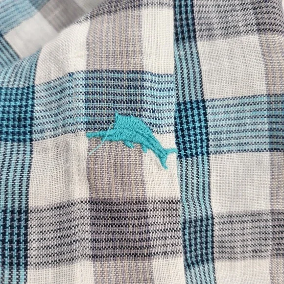 Tommy Bahama 100% Linen Shirt Mens Large Plaid Button Up Long Sleeve Green Gray - Picture 5 of 9